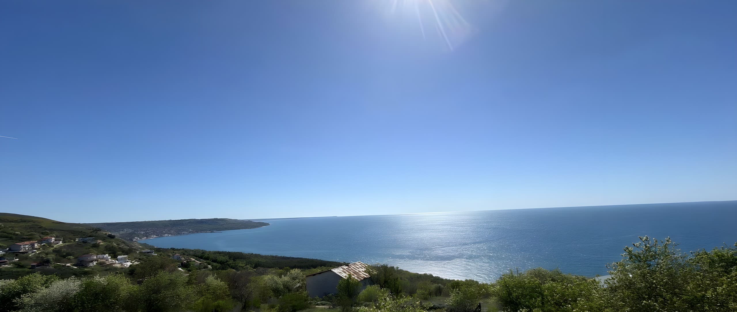 The real Black Sea view from the Marevanta plot near Balchik, the bay curving toward the coast