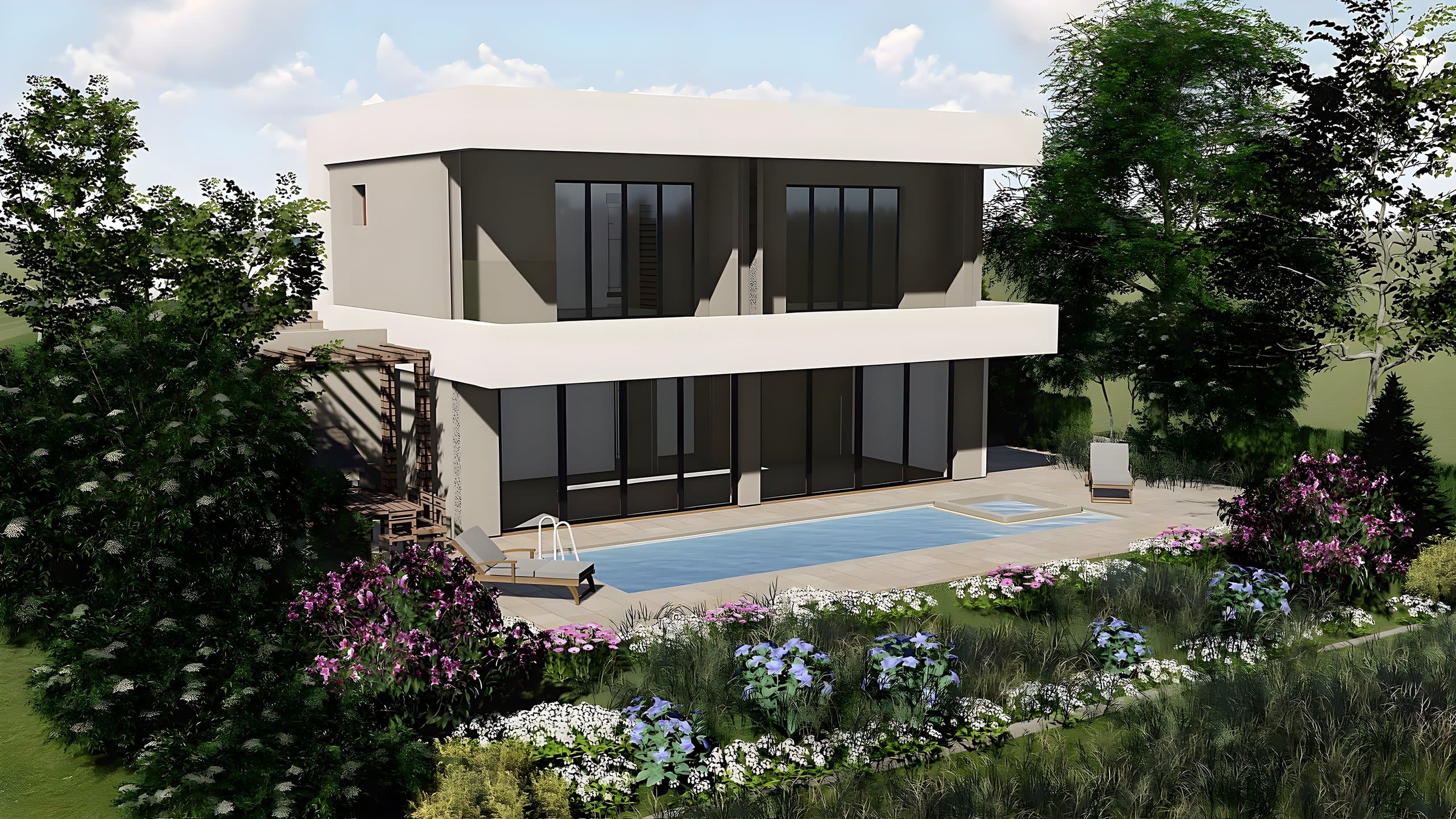 Fațada dinspre piscină · terasă, grădină și plantații